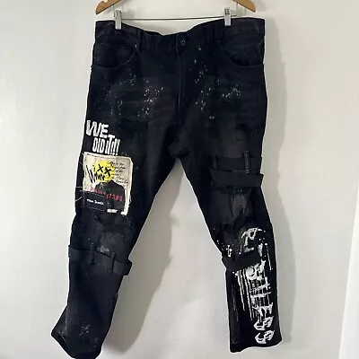 Deceibel Mens Jeans Size 42 X 32 Distressed Skinny Moto Grunge Punk Straps Patch • $24.99