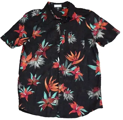 Volcom Hawaiian Shirt Mens Large Slim Black Floral Print Short Sleeve Button Up • $13.99