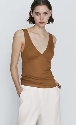 Massimo Dutti Women's Brown Ribbed Sleeveless Pullover V-Neck Tank Top Size S • $17.40