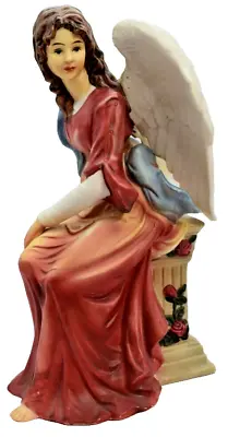 8 In O' Well  Porcelain Angel Figurine Seated On Pedestal Red Dress White Wings • $18