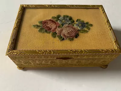 Rare Vintage Metal Brass Ornate Trinket Box Petit Point Glass Top Austria Marked • $95