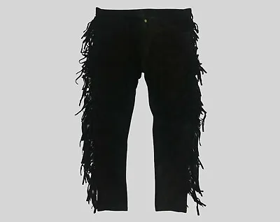 Men's Western Cowboy Leather Suede Black Native American Buckskin Fringe Pants • $119.99