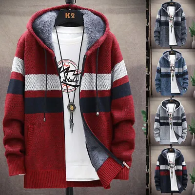 Mens Thick Warm Fleece Lined Hoodie Winter Zip-Up Coat Jacket Sweatshirt Tops UK • £7.99