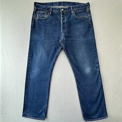 Levis 501 Jeans Mens 38x30 Straight Fit Dark Wash Denim Blue Button Fly • $22