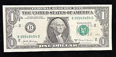 Fancy Serial Number 1 Dollar Bill Trinary B35545454D Mini Repeater! • $2