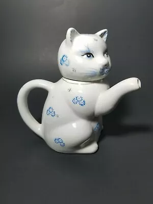 Vintage White & Blue Floral Cat Shaped Ceramic Creamer Carrafe / Mini Tea Pot • $9.95