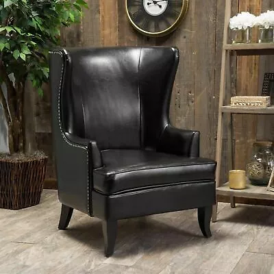 Jameson Tall Wingback Black Leather Club Chair • $364.55