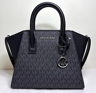 Michael Kors Avril Small Top Zip MK SIGNATURE Black Satchel Crossbody Bag • $97.98