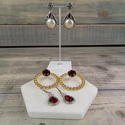 Lot Of 3 Pierced Red Earrings Monet Faux Pearl Dangle Unmarked Hoops Dangle Tear • $17.95