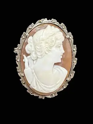 Beautiful Vintage 800 Silver And Marcasite Cameo Pin Pendant • $58