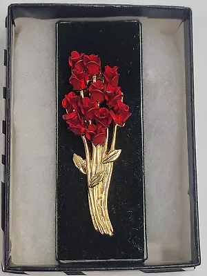 Estate - Vintage Red Roses Bouquet With Gold Tone Stems Brooch Or Lapel Pin NEW • $7.26