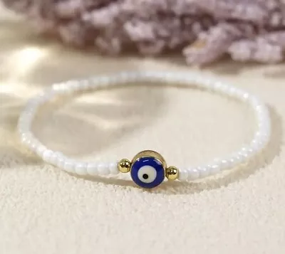 Evil Eye Beaded Bracelet White Mati Turkish Evil Eye Nazar • $8.95