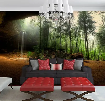 Trees Cave Waterfall Forest Rock Plants Nature Wallpaper Mural Photo Room Poster • £15.99