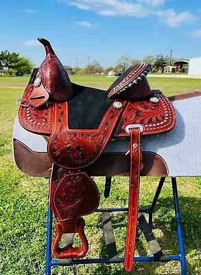 Youth/ Adults Western Saddle Treeless Leather Horse Barrel Saddle Floral Tooling • $369.99