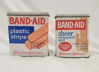 2 Vintage Band-Aid Metal Boxes Hinged Lids Plastic Strips Sheer Strip Patch • $14.99