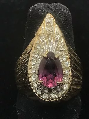 Vintage 18K HGE Gold Plated Purple & Clear Stones Unique Style Ring Varied Sizes • £48.21