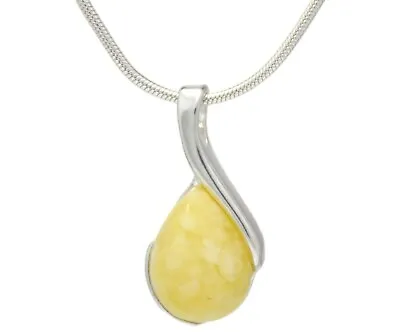 NATURAL BALTIC AMBER Milky - White Gemstone STERLING SILVER 925 PENDANT NECKLACE • £16.99