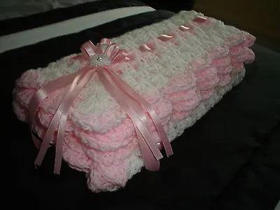 Hand Crochet Baby Girls Blanket Car Seat 26  Square WHITE/PINK *NEW* • £12