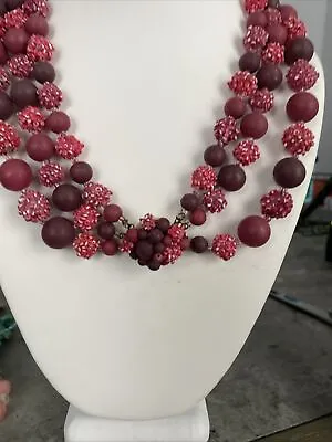 Vintage Cranberry Maroon 3 Strand Beaded Necklace Statement A5 • $19