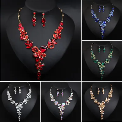 Statement Crystal Flower Necklace Earrings Bridal Wedding Choker Jewelry Set Bib • $19.64