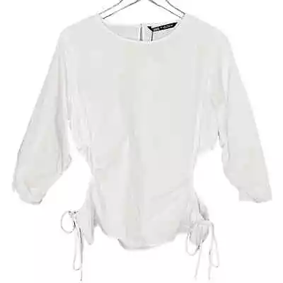 Zara L NEW Womens White Cotton Shirt Cut Out Sides Drawstring Detail • $28