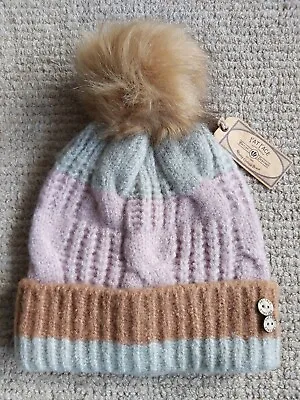 FAT FACE Pink Grey Camel SUPERWARM Block WOMENS BOBBLE Pompom Hat TAGS Ffbox • £17.50