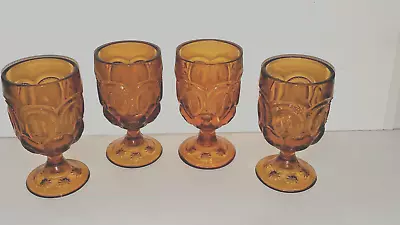 4 Vintage Amber Depression Glass Footed Water Goblets Oval Floral Flower • $24.99