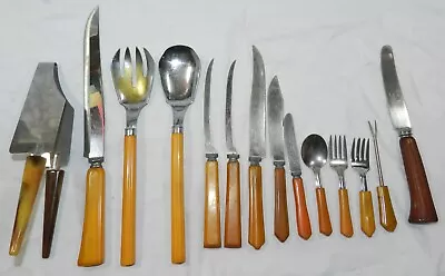 Lot Of 14 Yellow / Amber Catalin Handle Flatware And Serving Pieces • $30
