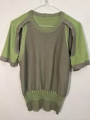 VPL Barneys New York Green And Grey Cutout Short Sleeve Knit Top Small • $65