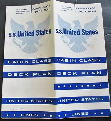 US Lines Ocean Liner Steamship SS United States Cabin Class Deck Plan Feb 1953 • $18