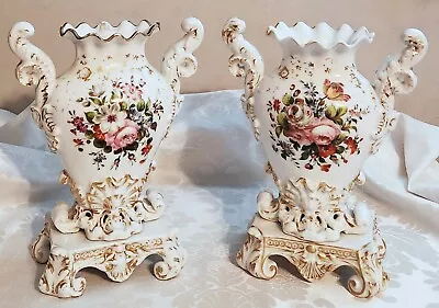 PAIR SET Of French Antique Vieux Paris Porcelain Vases Gilt And Floral Decor • $385