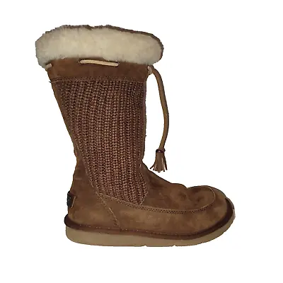 UGG Suede Suburb Crochet Shearling Sweater Boots 5124 7 Brown Knit UGGS Leather • $38.95