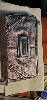 B Makowsky Leather Zip Around Wallet  Silver W Leopard Interior 8in X 4.5in • $45
