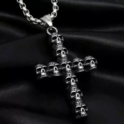 Mens Skull Skeleton Cross Pendant Necklace Punk Gothic Retro Jewelry Chain 24  • $8.99