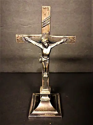 Vintage Metal Crucifix Standing Pedestal Alter Cross INRI ~ 9-1/2  • $34.99