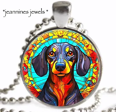 FAUX Stained Glass DACHSHUND Necklace Dog Silver Charm Pendant Dog Mom GIFT • $21.99