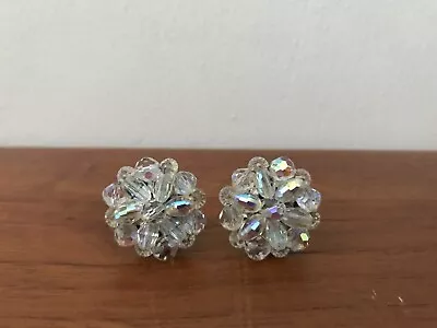 Vintage AB Crystal Bead Cluster Clip-on Sunflower Earrings Aurora Borealis • $8.99