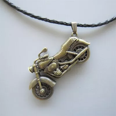 Vintage Bronze Plated Motorcycle Rhinestone Spinner Pendant Leather Necklace • $12.80