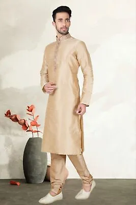 Kurta Indian Silk Men's Wear Cream Shirt Men Pajama Dress Clothing Traditional • £47.54