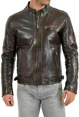 Men's Genuine Lambskin Leather Jacket Slim Fit Moto Biker Jacket  -MJ021 • $118.74