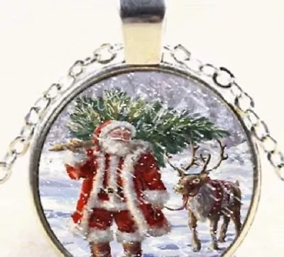 SANTA TREE SNOW DEER CHRISTMAS Pendant Silver 20  Necklace Women  • $18.88