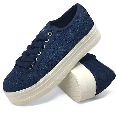 Womens Chunky Trainers With Zip Up Ladies Platform Canvas Lace Up Fashion Size • £13.77