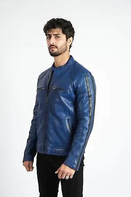 Mens Blue Leather Jacket Lambskin Leather Biker Style Slim Fit Fashion Jacket • £59.99