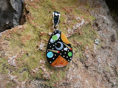 Night Sky Moon Stars Planet Micro Inlay Gemstone Sterling Silver 925 Pendant E4 • $89.95