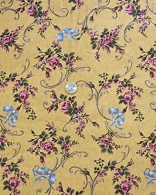 Vintage Cotton Fabric Mustard Yellow Floral Quilt Quilting Pink Rose 4+ Yards  • $17.95