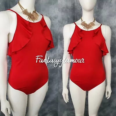 New Miss Selfridge Red Stretch Ruffle Sleeveless Body Bodysuit Top Size 12 UK • £14