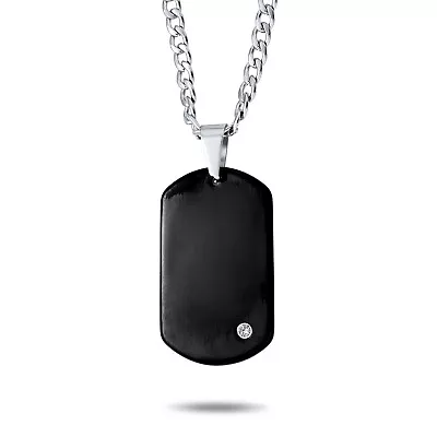 Black Titanium Dog Tag Pendant CZ 24 Inch Bead Stainless Steel Chain • $38.99