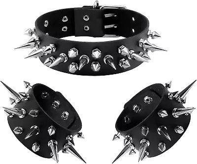 Leather Studded Spike Bracelet Choker Punk Gothic Metal Rivet Cuff Bangle Black • $32.49