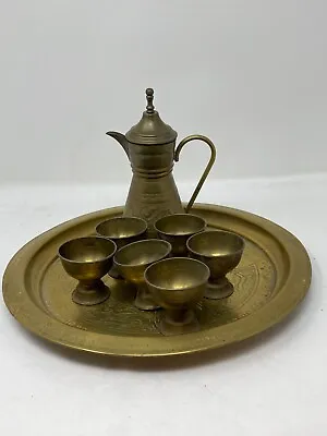 Vintage Etched Brass Dallah Turkish Coffee Pot 6 Cups Tray Set Made In Israel • $39.99