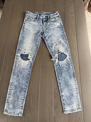 American Eagle Skinny Fit Flex Jeans Mens 28x32 Acid Wash Blue Distressed Denim • $24.90